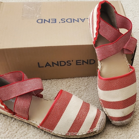 Lands' End Shoes - Land's End Red Cream Striped Espadrille Sandals With Ric Rac 9m